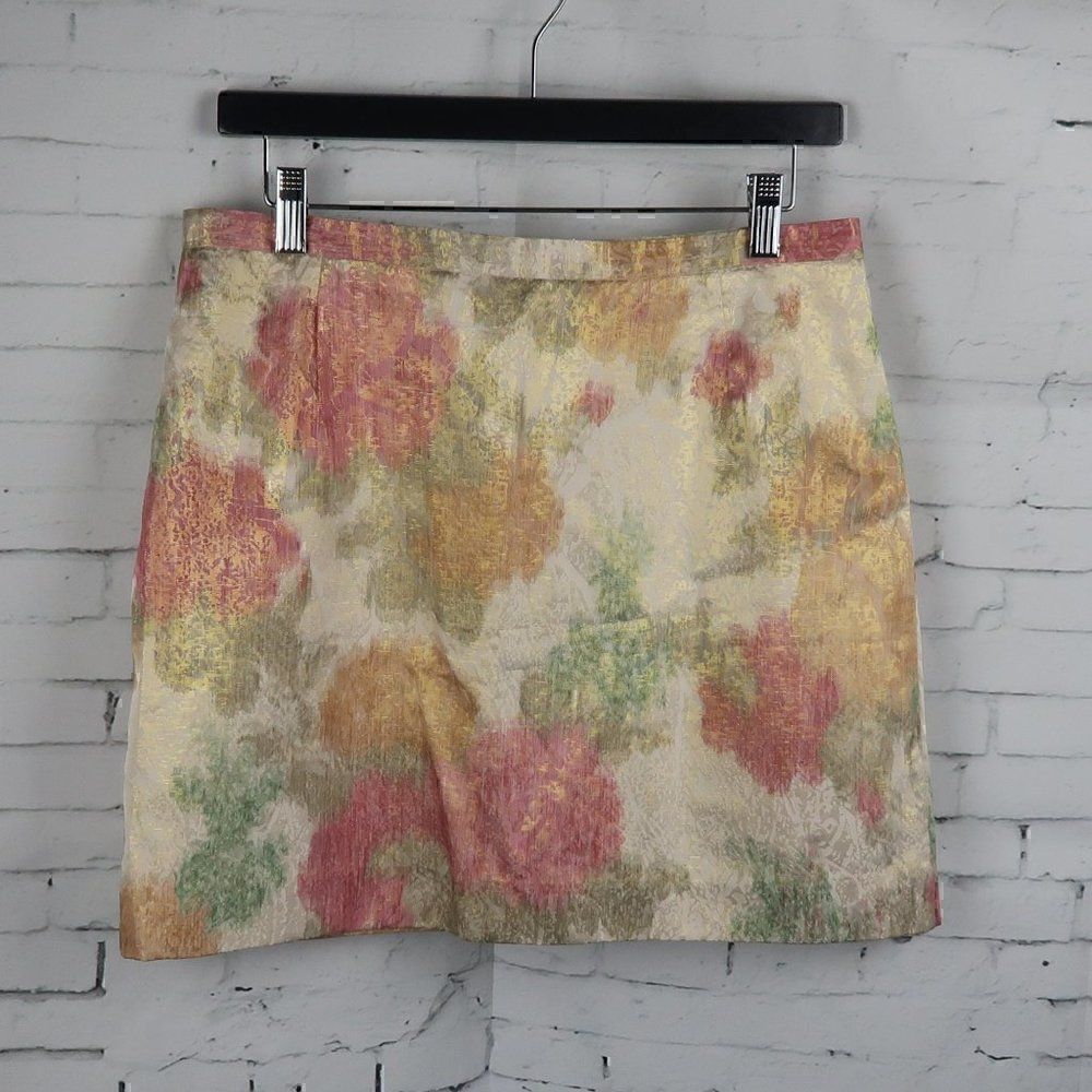 H&M GOLD PINK & GREEN METALLIC FLORAL MINI SKIRT SIZE 10